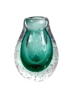 Small Teardrop Teal Green and Clear Glass Controlled Bubble Art Vase Paperweight